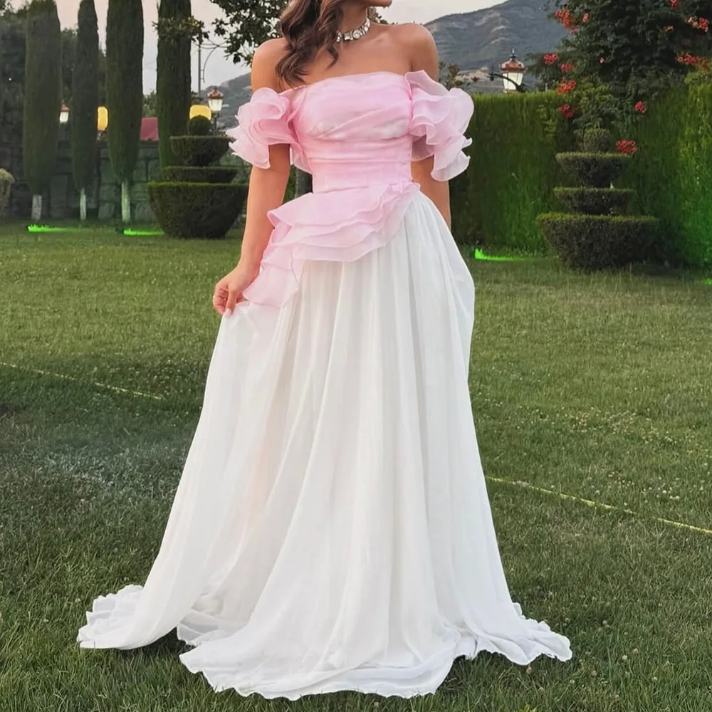 

Customized A-line Evening Dresses Floor-length Off The Shoulder Sleeveless Prom Gown Simple Fashion Tiered Draped Party Gown
