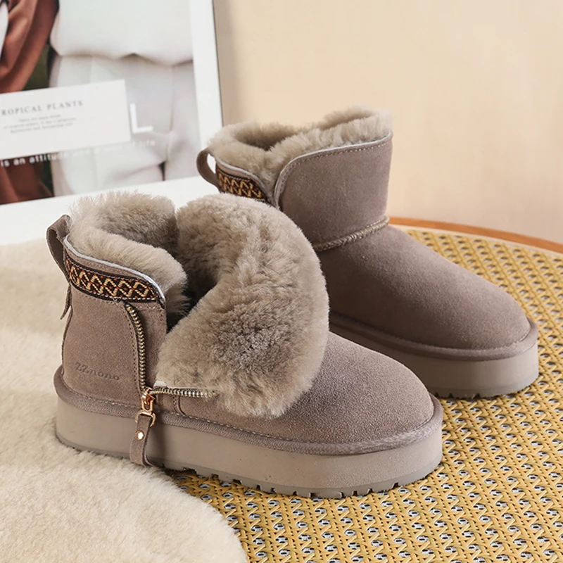 Imitation Wool Winter Snow Boots Women Thicken Plush Warm Cotton Padded Shoes Woman Fashion Striped Thick Platform Ankle Boots