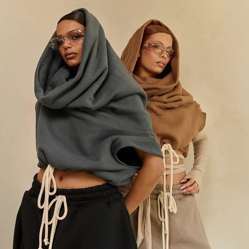 

Fashion Women Pile Collar Crop Hooded Sweatshirt Top Loose Drawstring Short Pullovers Batwing Short Sleeve Sweatshirts Hoodie