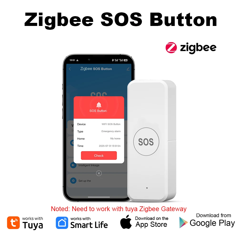 

Tuya Zigbee SOS Button Wireless Alarm APP Remote Control Smart Life Devices for Kids Elderly Patient Need Gateway