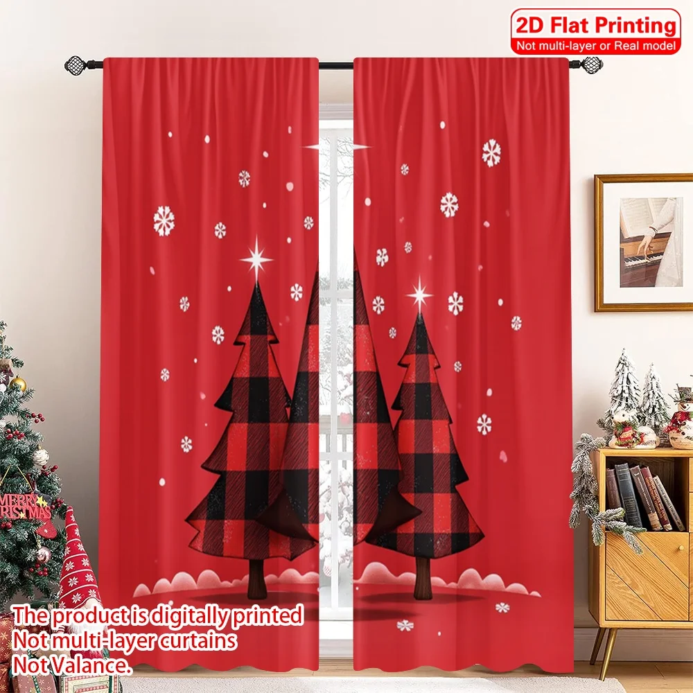 

2pcs 2D flat printing Christmas Window Drapes Buffalo Plaid Christmas Trees Polyester Without Electricity Birthday Party Perfect