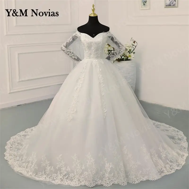 Y & M Novias Off spalla Plus Size Vestido De Noiva 2023 abito da sposa con manica bianco puro avorio pizzo Appliqes perle da sposa