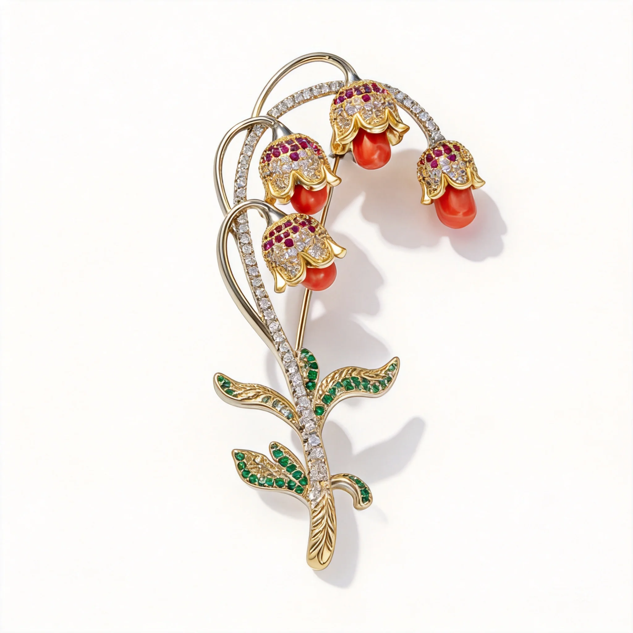 

Chinese Style Lucky Two Tone Gold Lily Of The Valley Brooch Inlaid Shiny Cz Red Turquoise Natural Freshwater Pearl Women Auspici