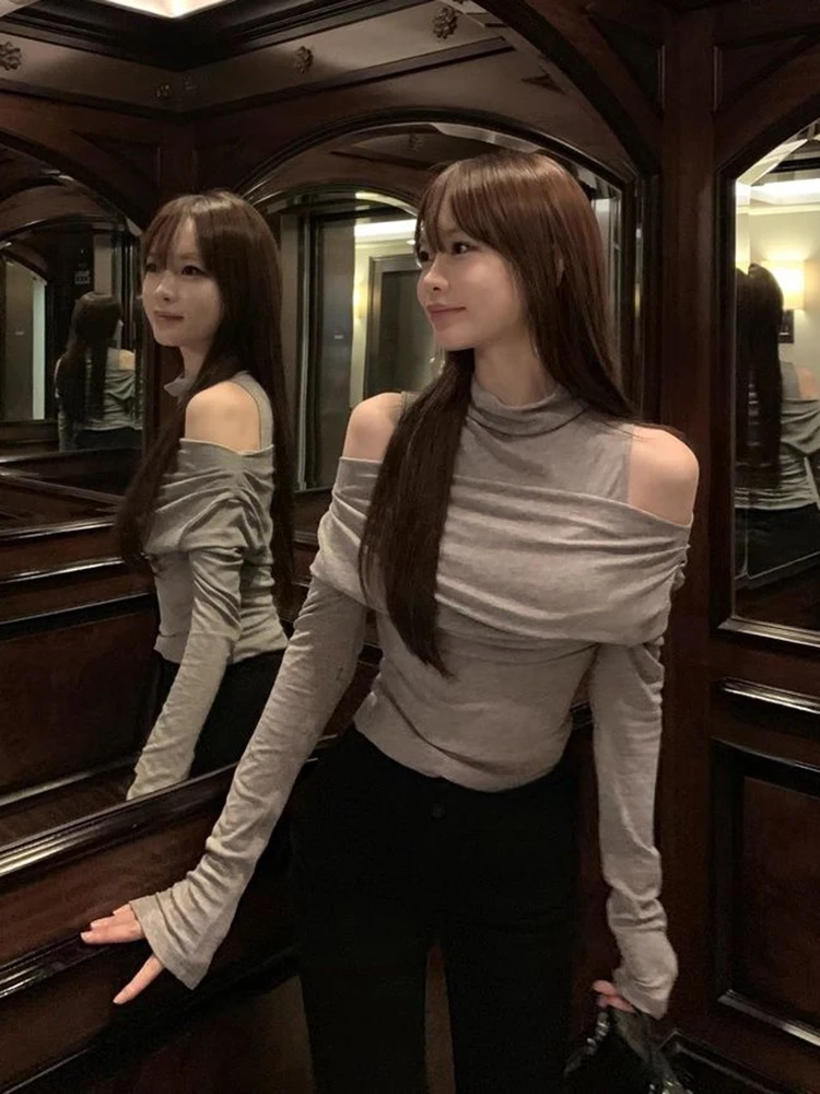 Korean Chic Patchwork T Shirt Women Autumn Sexy Off Shoulder Long Sleeve Bottoming Tops Y2K Fashion Splicing Fake 2 Pieces Tees