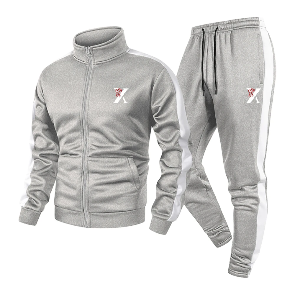 Men's Athletic Set Stand Collar Zip Up Jacket With Creative Letter K Print Drawstring Trousers For Daily Running And Commute