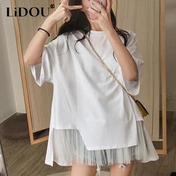 2023 Summer New Round Neck Solid Color Short Sleeve Oversize T-Shirts Women Lace Patchwork Casual Loose Pullovers All-match Tops