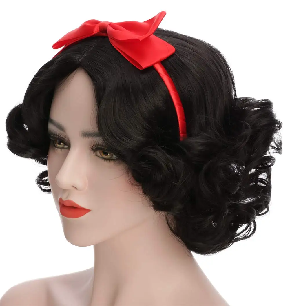 Snow White Princess Girls  Adult Women Short Bob Wave Black Cosplay Wig Halloween Costume Wig Anime Party Wig