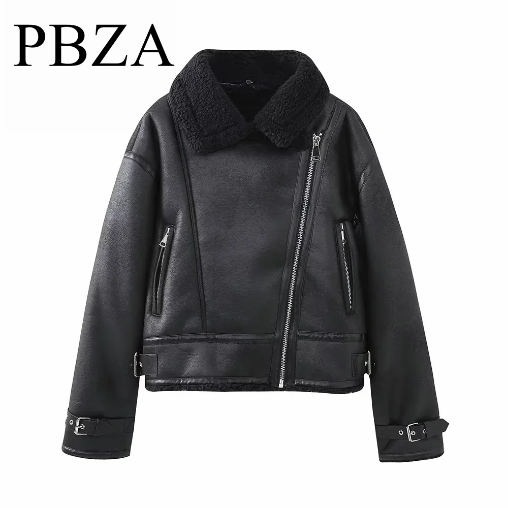 

New autumn and winter women's motorcycle jacket with short diagonal zipper and fur integrated fur coat