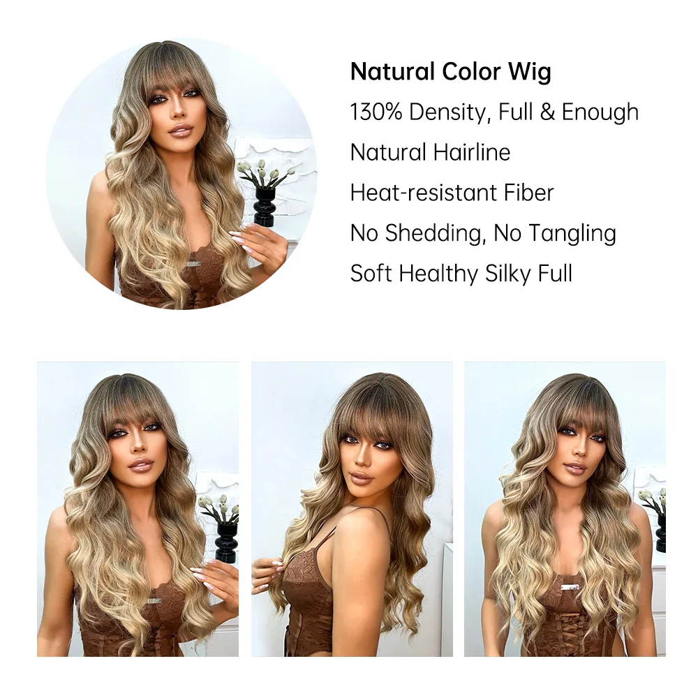 EASIHAIR Synthetic Brown Blonde Ombre Long Wavy Wig with Bangs Water Wave Cosplay Daily Party Women Hair Wigs Heat Resistant