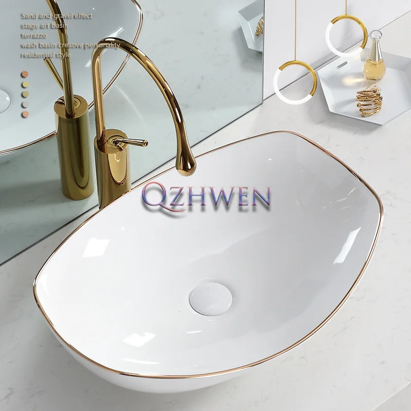 42cm/56cm Ceramic Washbasin Gold-rimmed Bathroom Sink Ingot Countertop Art Basin Luxury Toilet Laundry Sink with Faucet Set