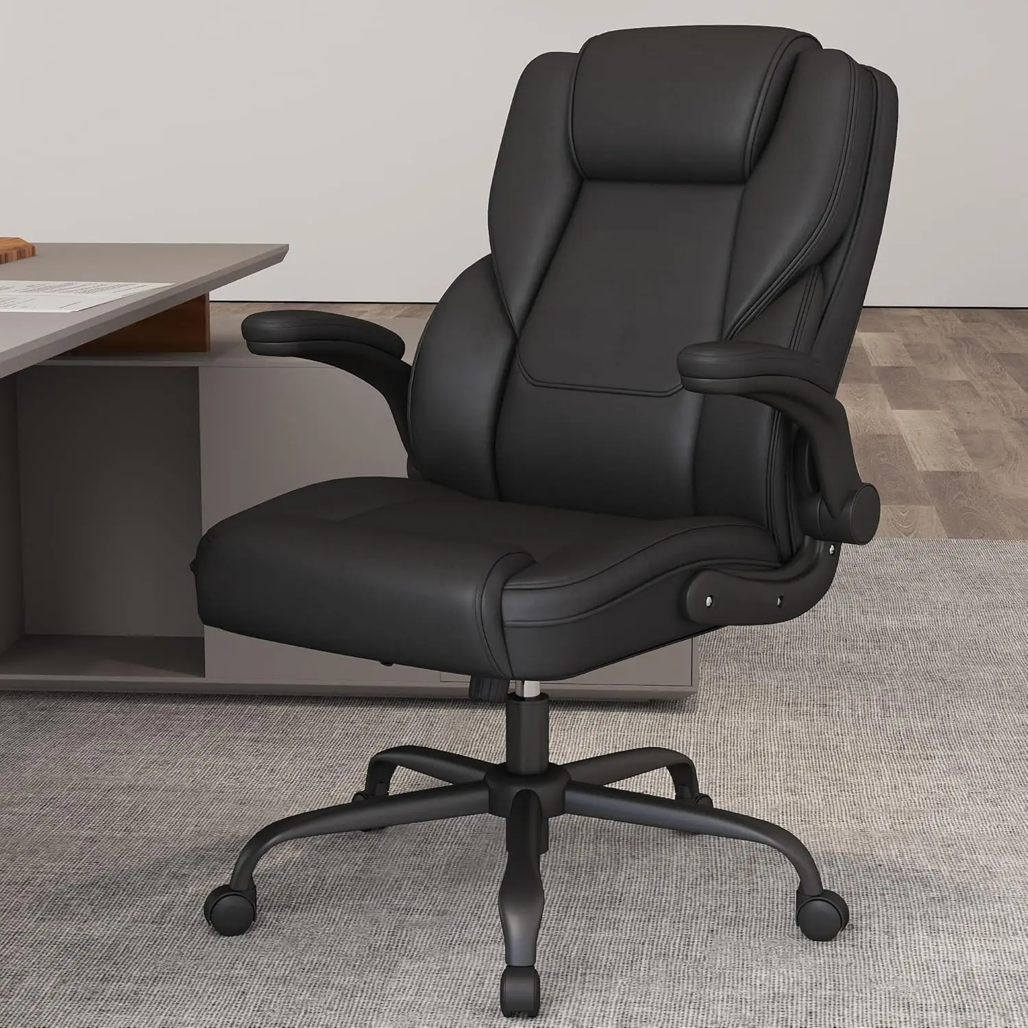 

Ergonomic Executive Office Chair, Mid Back PU Leather Computer Desk Chair with Flip-Up Armrests, Lumbar Support, Adjustable Heig