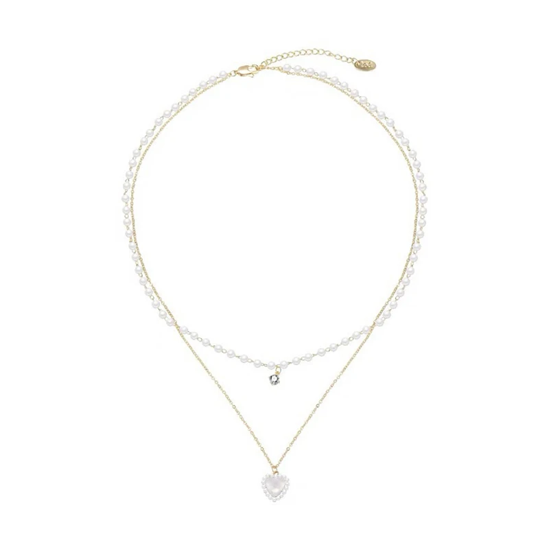 Pearl Double-layered Heart Necklace Women's Light Luxury Premium Design Niche Stacked Delicate Collarbone Chain Jewellery