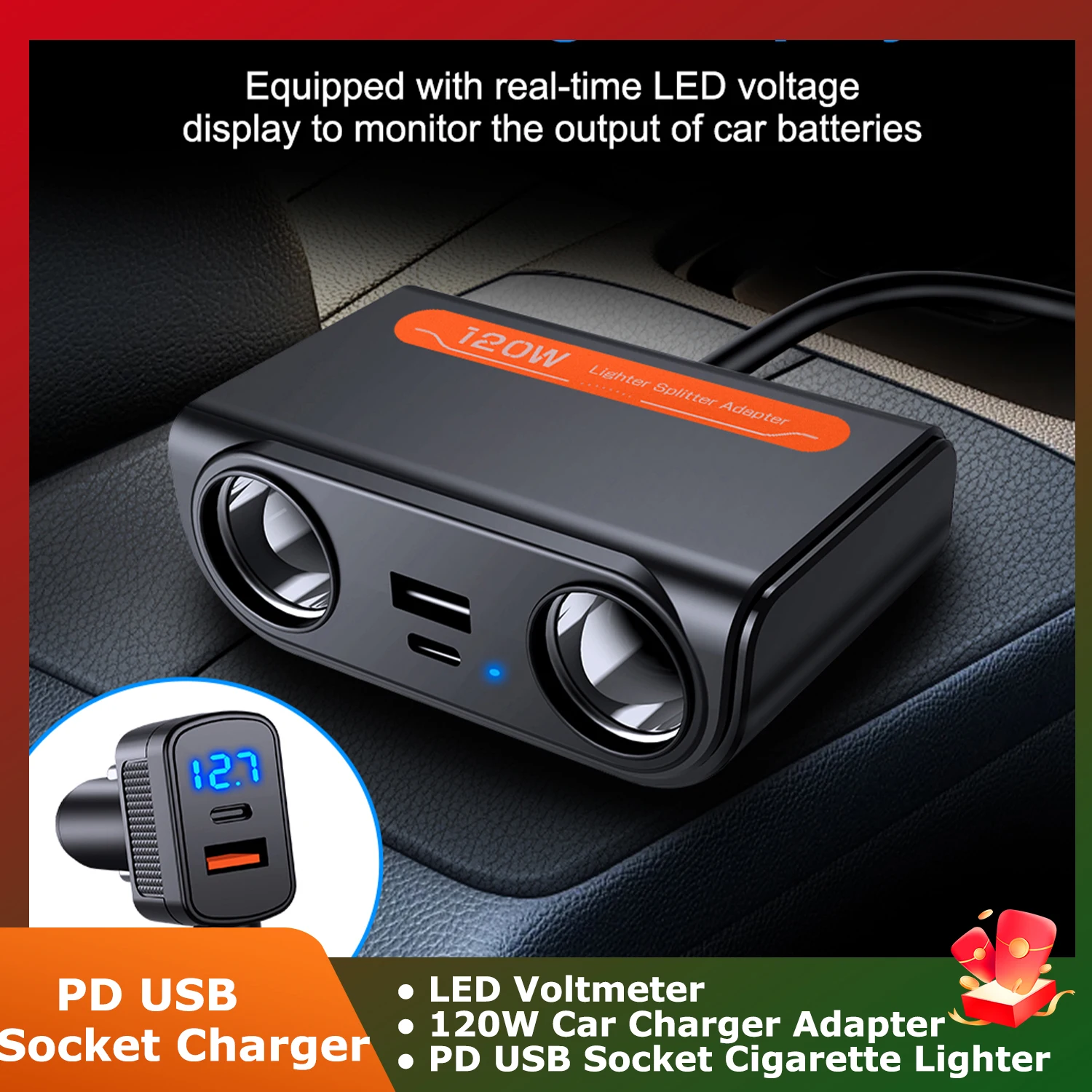 120 W Autoladegerät-Adapter mit zwei Zigarettenanzügen, multinationaler Steckdosenanschlüssen, LED-Voltmeter, Autozubehör