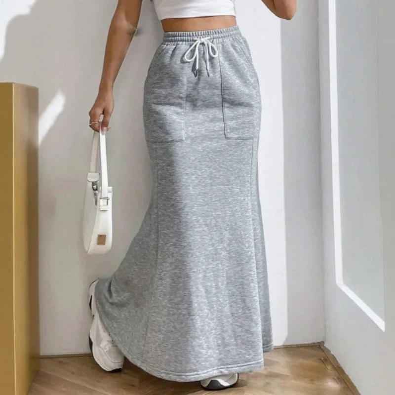 Autumn Winter Women Drawstring Maxi Skirt with Pockets Sport High Waist Stretch Bodycon A Line Long Skirts Streetwear