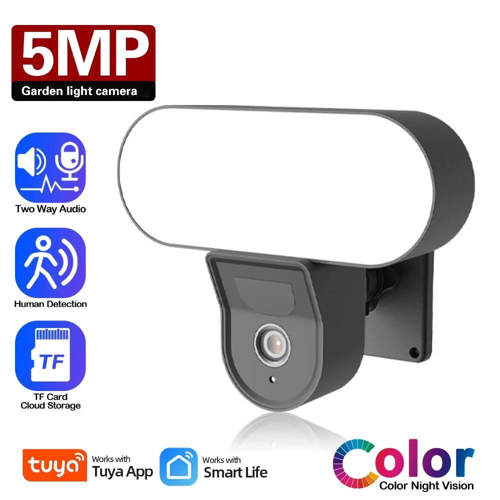 

Tuya 5MP WiFi Floodlight Camera Smart Life 10W Garden Wall Lamp Surveillance Cameras Outdoor PIR Detection Color Night Vision