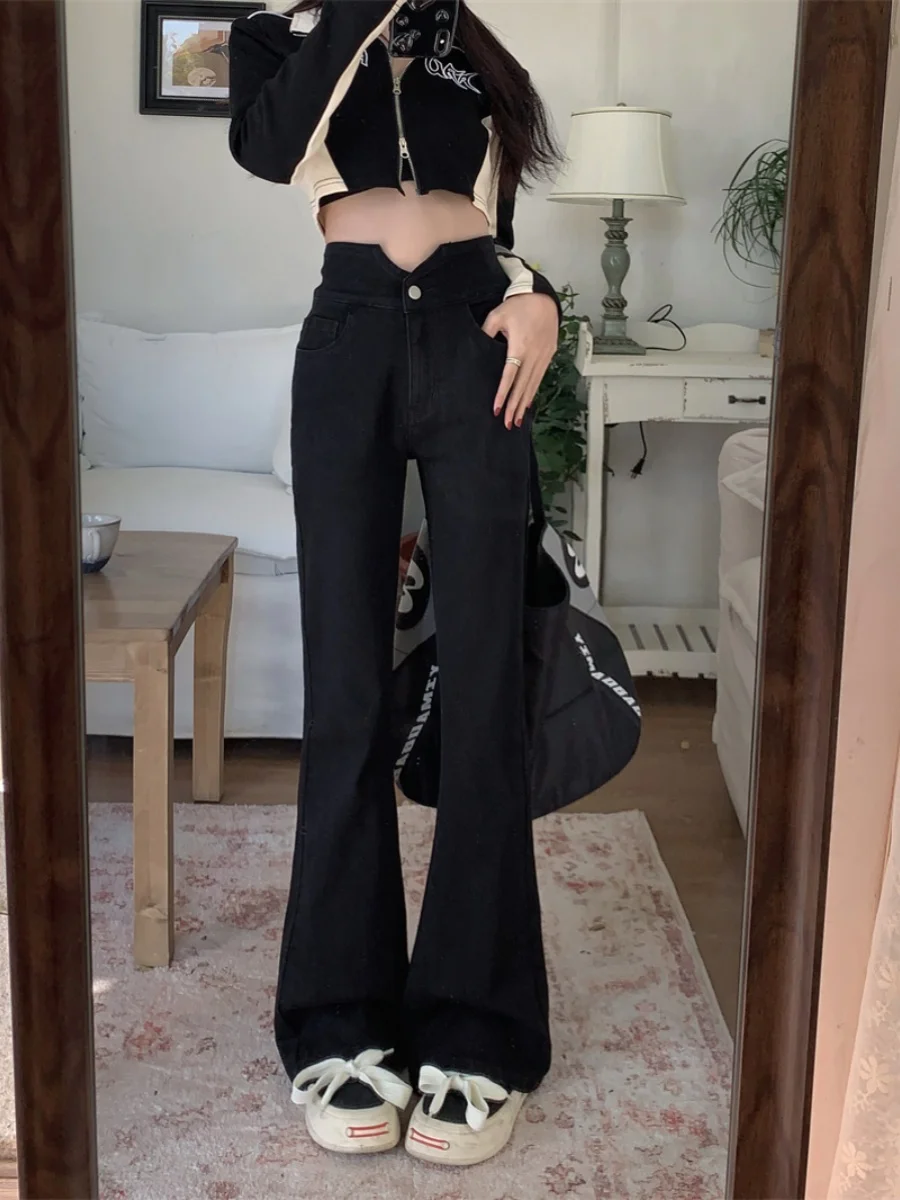 

Эластичные джинсовые джинсы с высокой талией, женские черные прямые брюки с микро-расклешенными брюками, утягивающие брюки-копыта с мясом