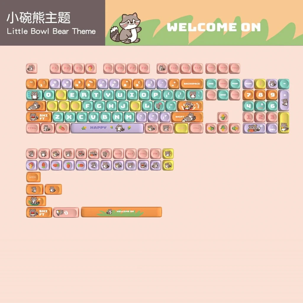 

Cute Raccoon Keycaps MOA Profile PBT 5 Side DYE-SUB Round Female Custom Keycaps for Mechanical Keyboard DIY All MX Type Switch