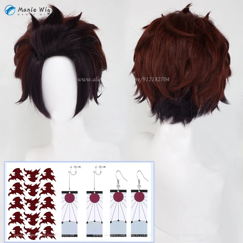 High Quality Kamado Tanjirou Cosplay Wig Short Red Brown Kamado Tanjirou Cosplay Anime Wig Heat Resistant Synthetic Hair+Wig Cap