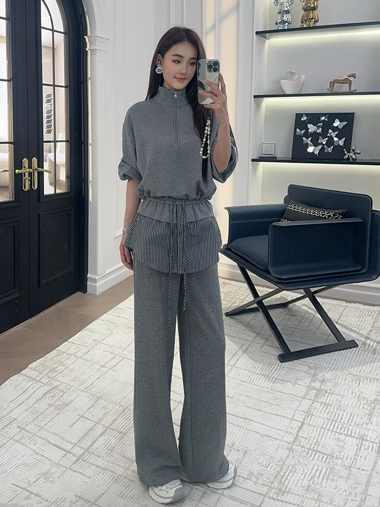 

Модный повседневный многослойный комплект одежды желтого цвета Wei Ni 2026: новый женский спортивный костюм с высоким воротником, рукавами-фонариками и длинными брюками из смесового хлопка