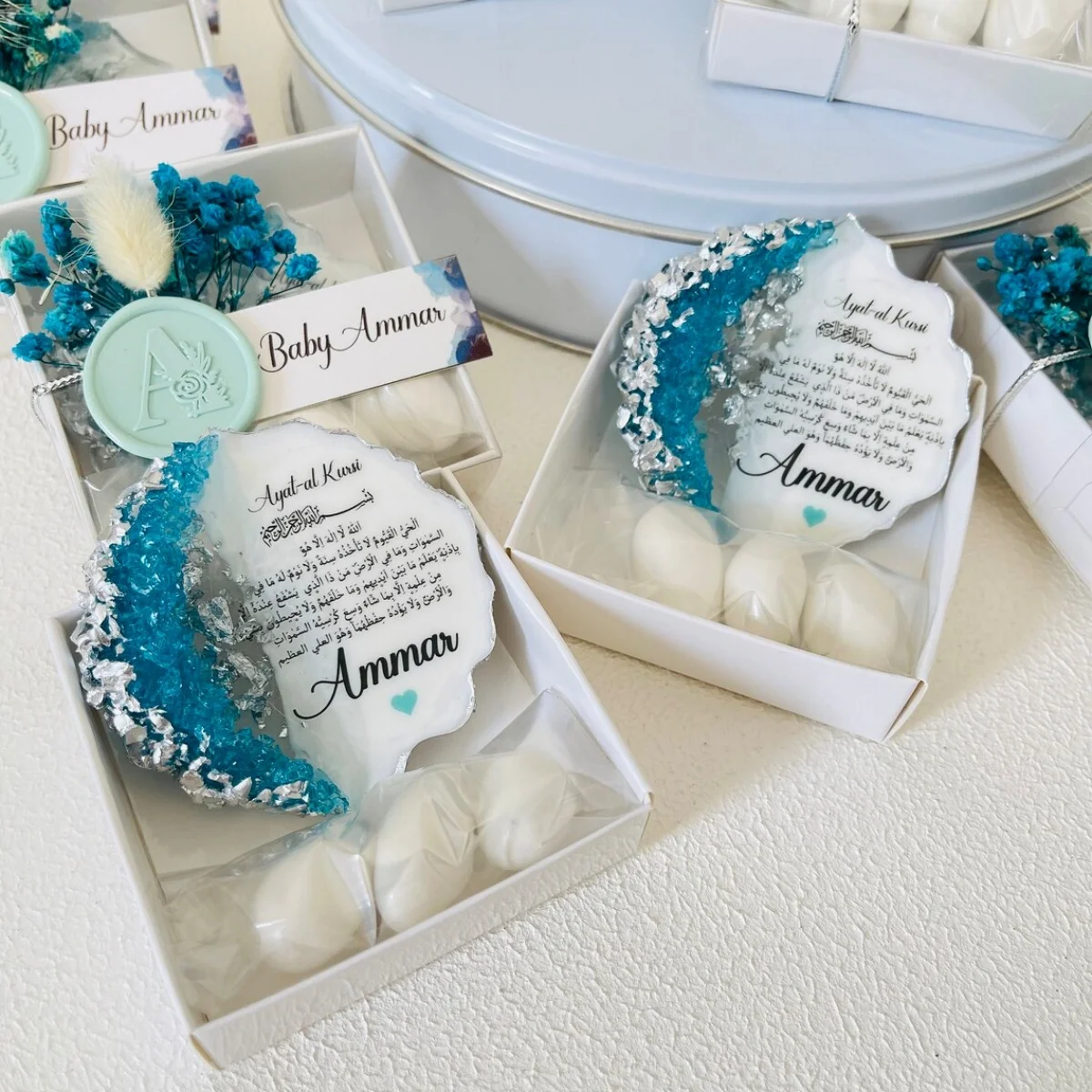 Personalized Epoxy Magnet & Almond Candy Gift Set Favor: Baptism, Christening, Aqiqah, Baby Shower, Birthday