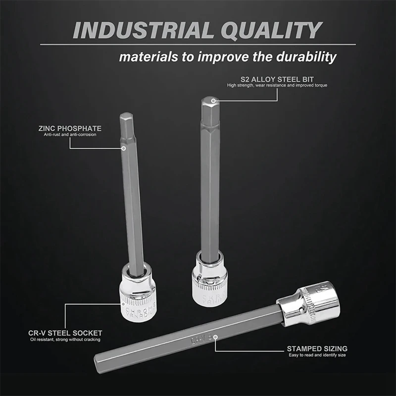 7 Piece Extra Long Hex Bit Socket Set H3-H10 Silver CR-V 3/8Inch Drive 110Mm Length