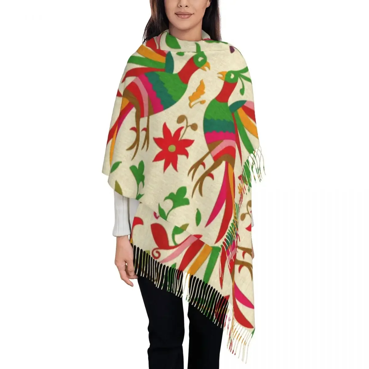 Bufanda con bordado de flores mexicanas y pájaros otomi con estampado personalizado para hombre y mujer, bufandas de invierno y otoño, chales con textura Floral popular