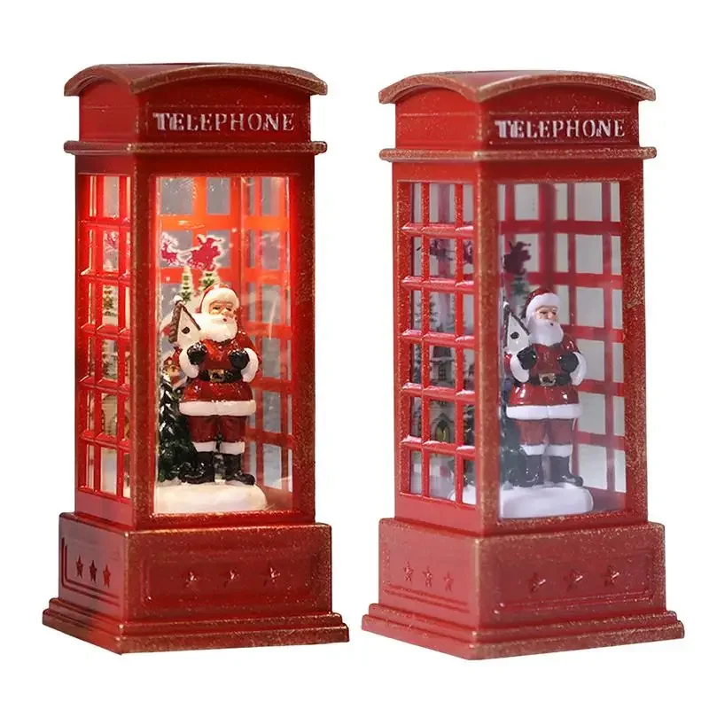 Christmas Red Vintage Luminous Phone Booth Lantern Christmas Tree Snowman Santa Claus Figurine in Telephone Booth Decoration