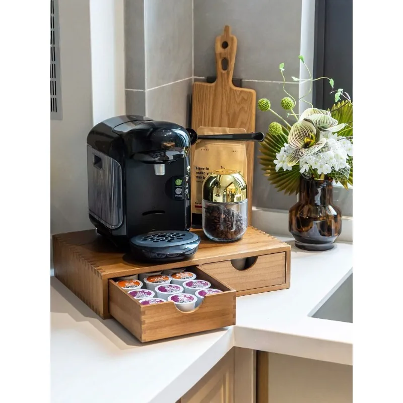 Premium Wooden Coffee Capsule Storage Box Desktop Double Drawer Tea Bag Storage Box Pantry Coffee Machine Base Rack