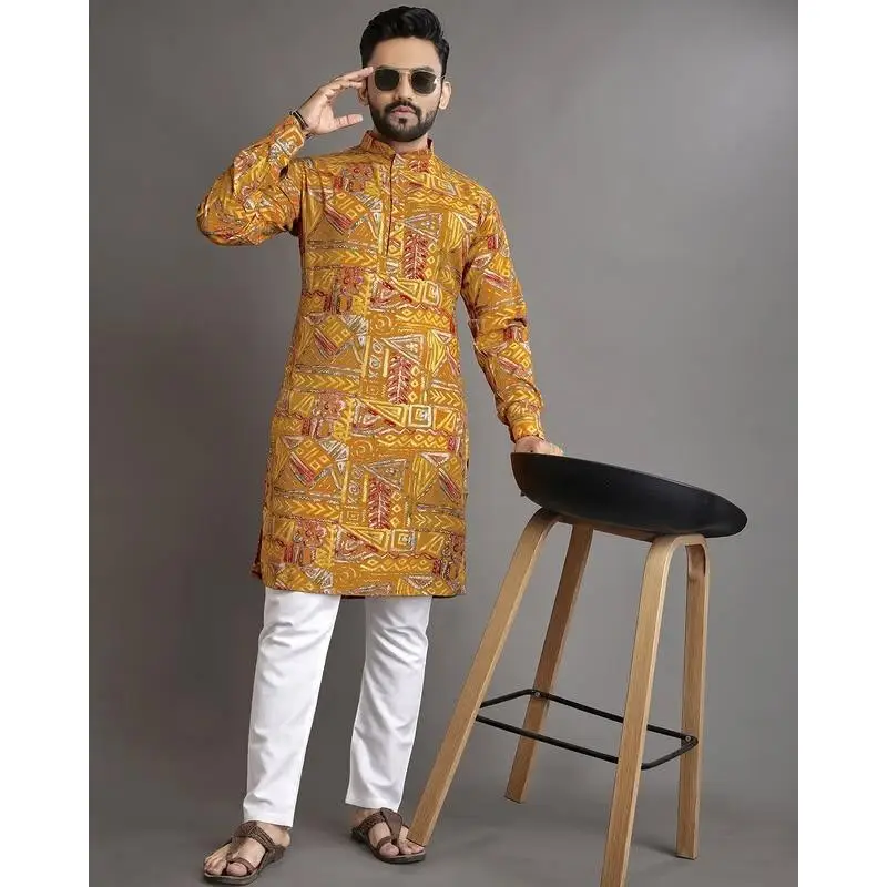 

2025 мужской воротник-стойка Kurta Vardha с цифровым принтом, обычная посадка, длинный, подходит для всех случаев, таких свадьба, Hari Raya Aidilfitri