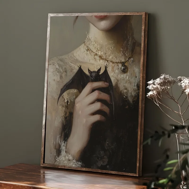 Unframed Vintage Dark Gothic Bat Poster, Girl Holding A Bat Canvas Painting, Canvas Wall arts, Artwork Wall Painting Home Decor