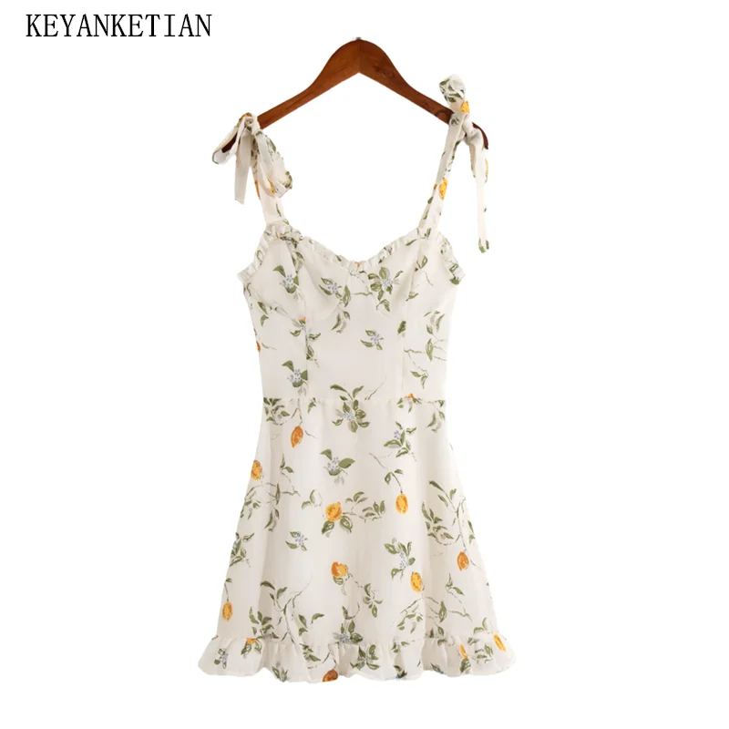 

KEYANKETIAN 2024 New Launch Holiday wind Fresh Flower print Women's Lace Up Sling Short Dress Tiered Ruffles Slim Mini Dress