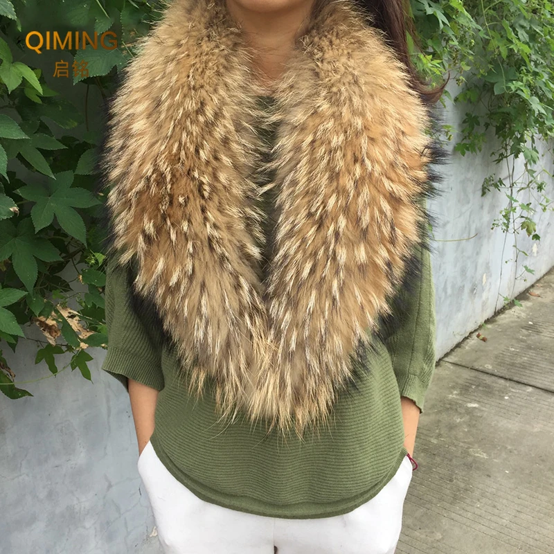 Real Fur Collar Furry Raccoon Fur Scarf Ring Winter Neck Warmer Women Men Jackets Hood Fur Shawl Wraps Fluffy Warm Long Scarf