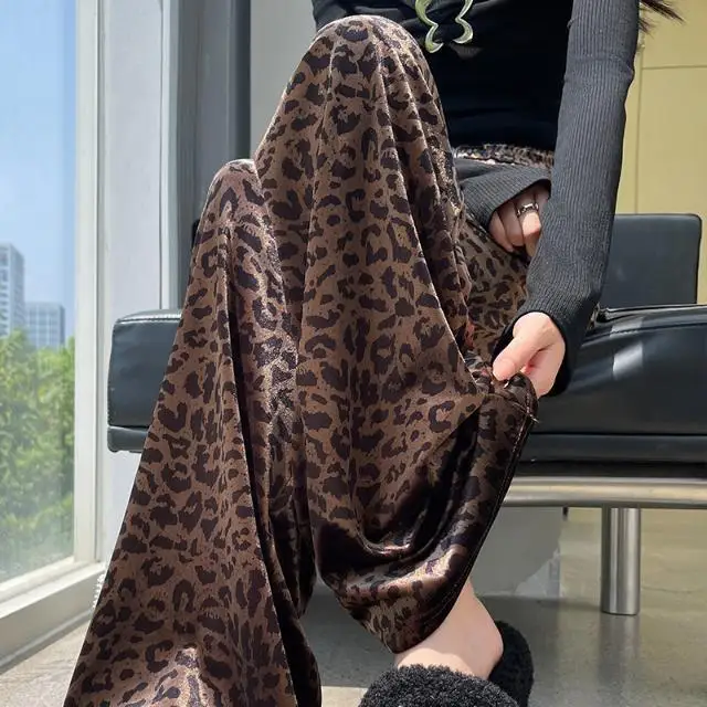 Retro Coffee Leopard Print Casual Pants Women High Waist Loose Long Pants