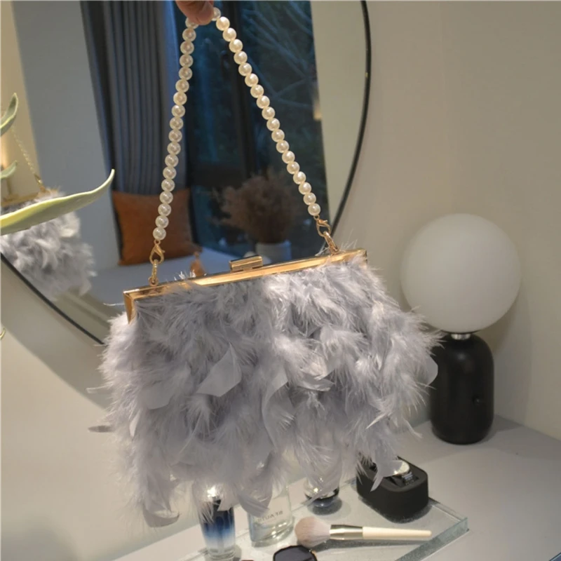 Ostrich Feather Tote Evening Dress Bag Shoulder Bag Party Money Bag Wallet Clutch Pearl Chain Bag Gift for Women Girls