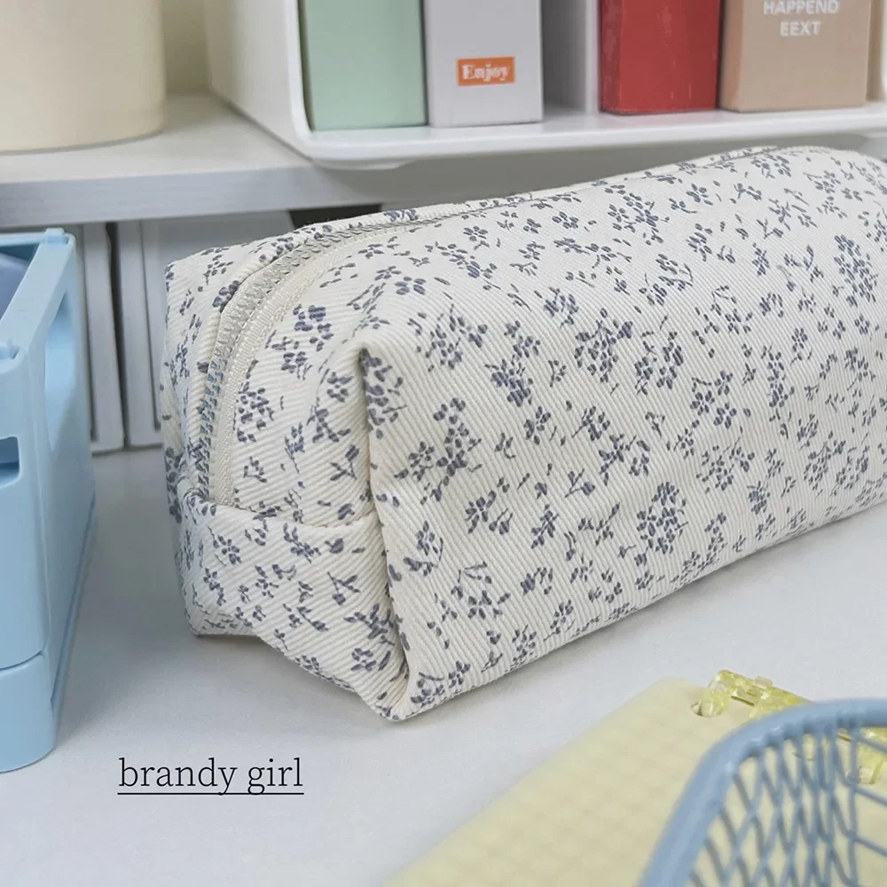 INS Floral Print Pen Bag Simple Cute Pencil Case Large Capacity Multifunctional Canvas Pen Box Desktop Stationery Organizer