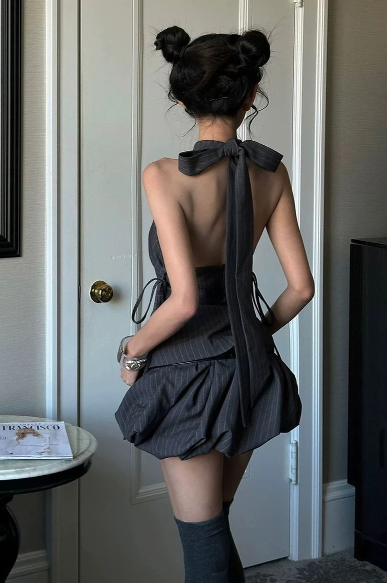 Summer Korean Fashion Y2k Women 2 Piece Set Pinstripe Sleeveless Halter Tie Button Tops+ Low Waist Mini Bubble Skirt Outfits New image 4