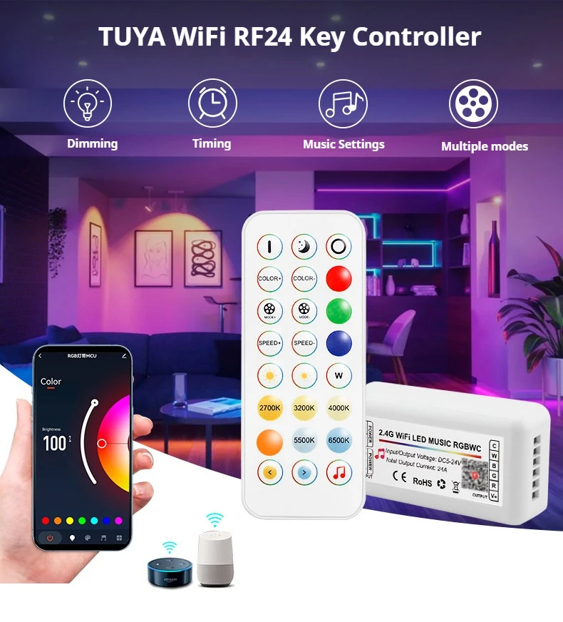 وحدة تحكم LED لاسلكية DC5-24V Tuya Wifi تدعم تطبيق iOs Android Alexa Google التحكم الصوتي لشريط DIM CCT RGB RGBW RGBCCT