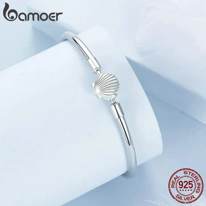 BAMOER Authentic 925 Sterling Silver Charm Bracelet, Classic Shell Basic Bangle for Women Charm Beads DIY Jewelry BSB177