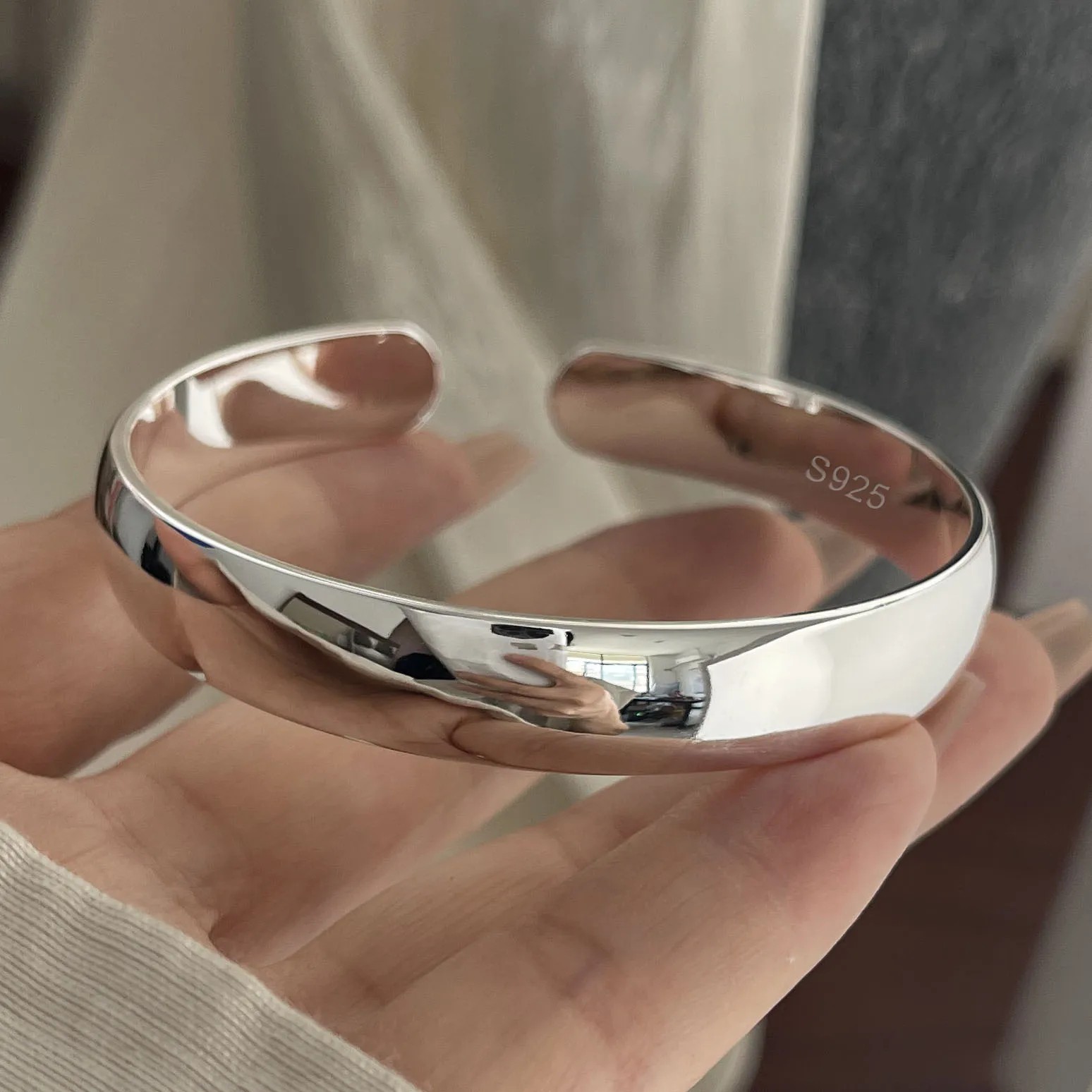 100% Solid 925 Sterling Silver Retro Bracelet for Women Men Vintage Handmade Wide Simple Bracelet Birthday Gift