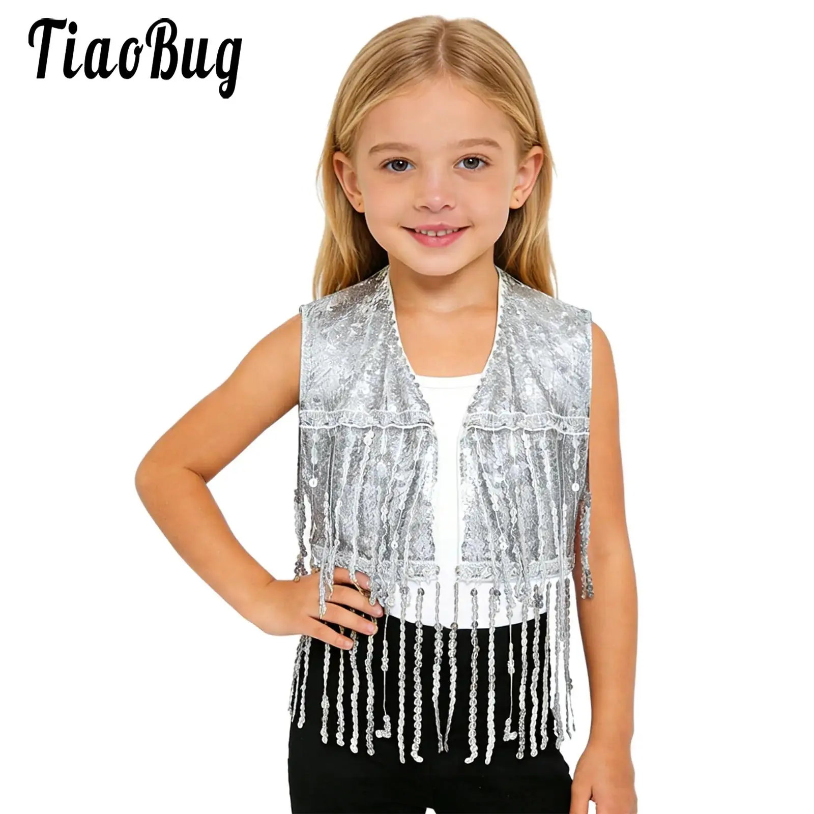 

Kids Girls Boys Disco Fringe Waistcoat Jazz Modern Dance Clothes Tassel Sleeveless Sequins Vest School Choir Performance Costume