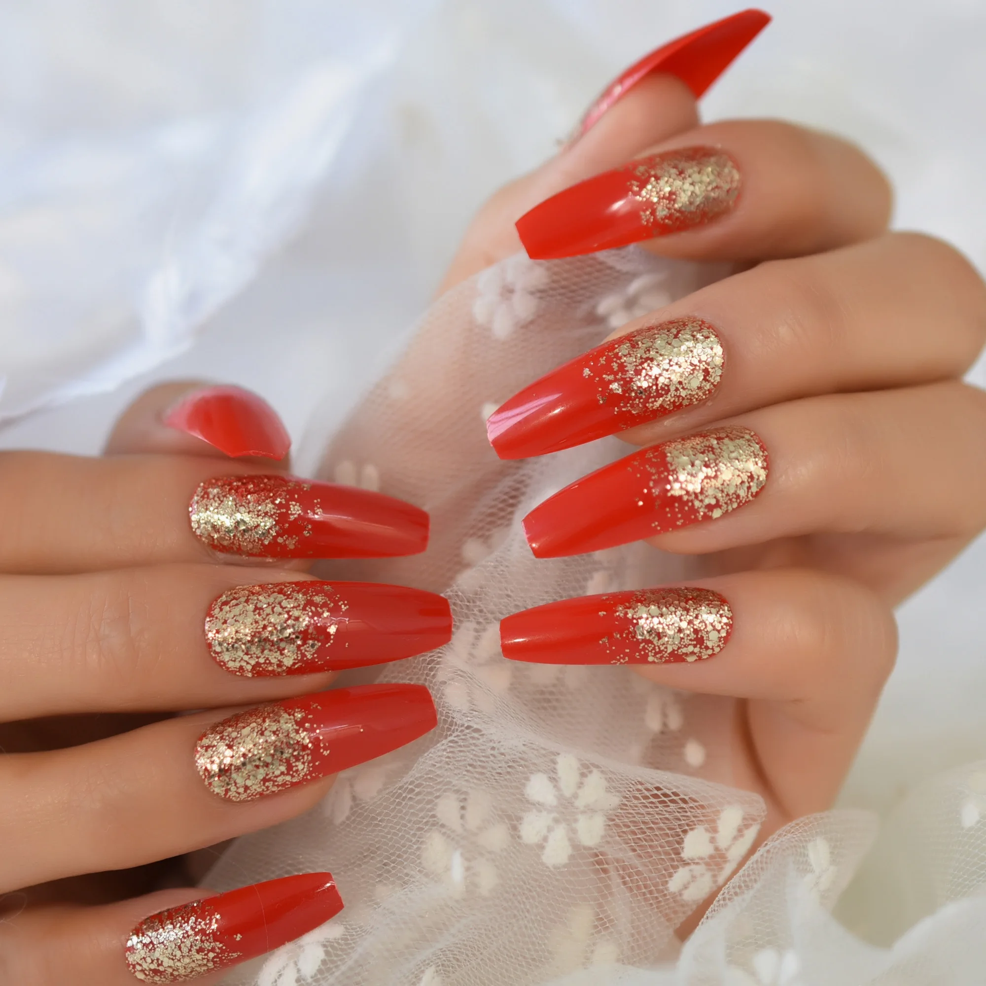 slim fit dress slacks Renaissance Christmas Press On Nails – 3D Long Square Red & Gold Nails S main image 1