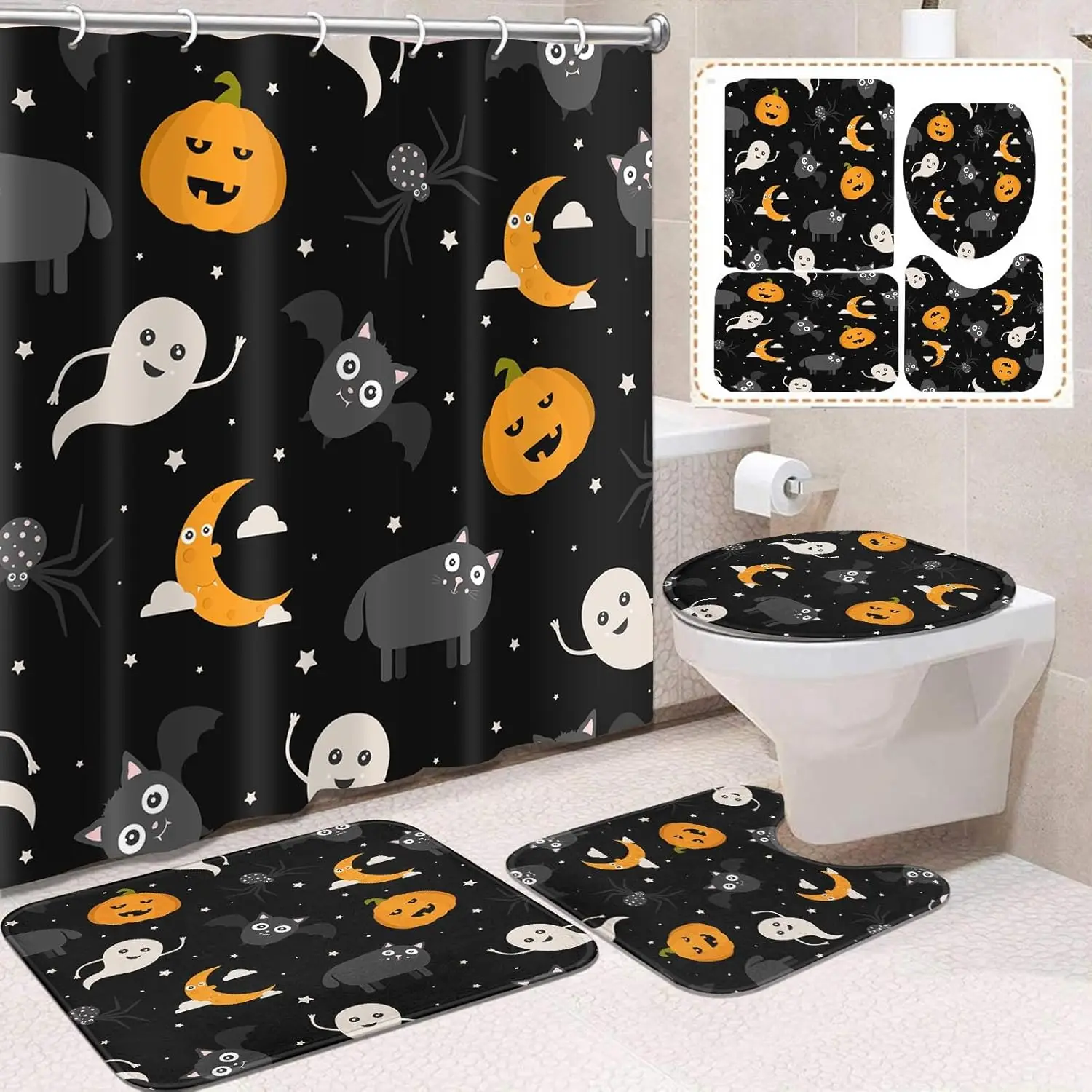 

4 шт., наборы занавесок для душа с изображением летучей мыши и кота на Хэллоуин, паук-призрак, тыква, нескользящий коврик для ванной, крышка унитаза, коврик для ванной, бирюзово-серый коврик для ванной комнаты