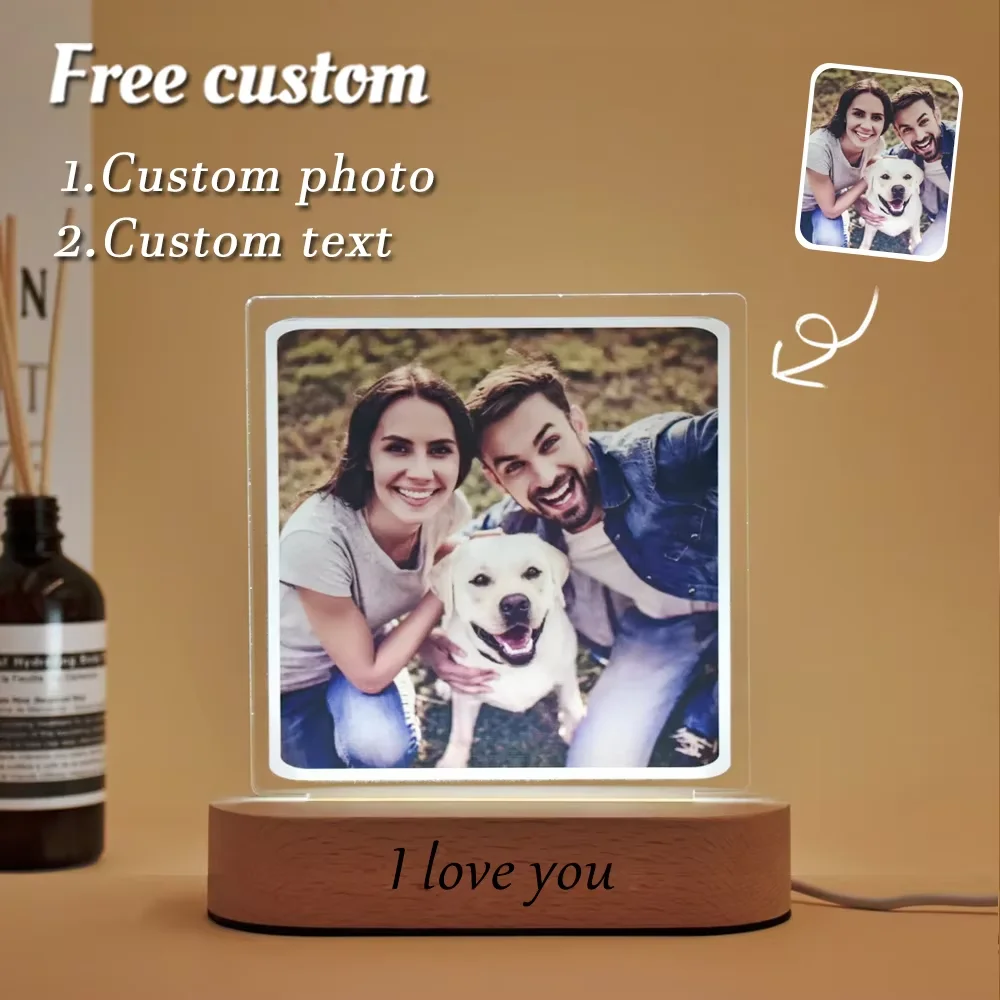 Personalized Photo 3D Lamp Wooden Base Engraved Text Bedroom Night Light Wedding Anniversary Christmas Gift Drop Shipping