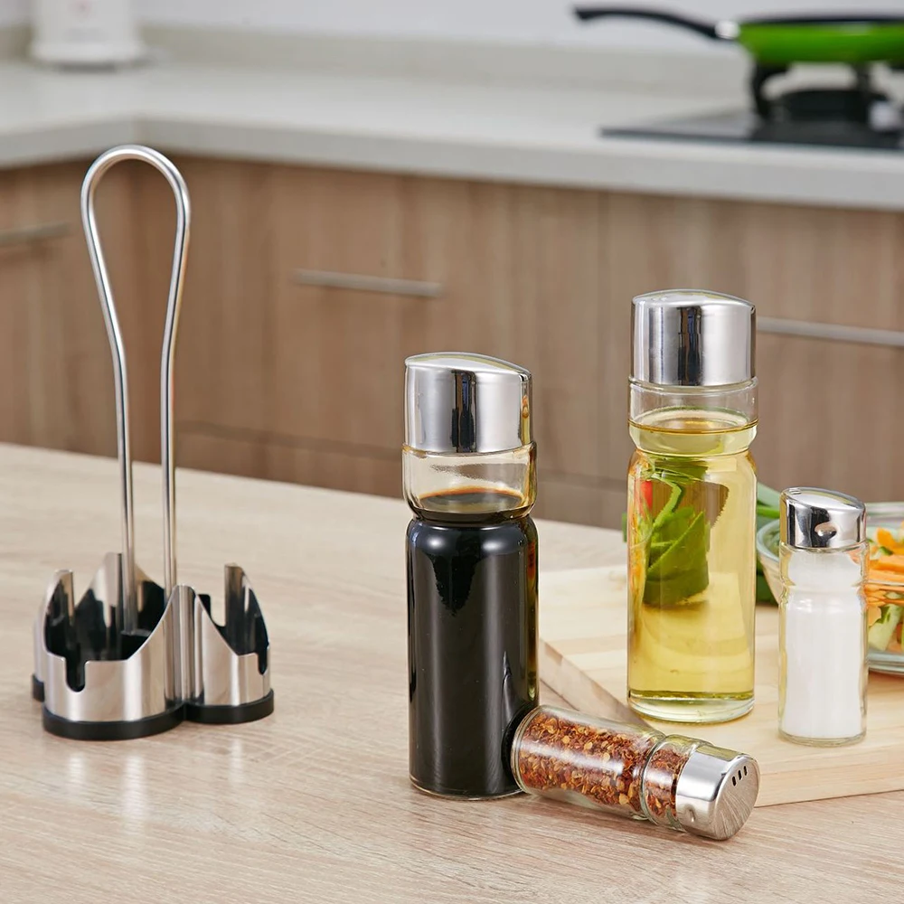 Seasoning Bottle Set Condiment Holder Rack 4 in 1 Oil Vinegar Dispensers Salt Pepper Shakers Glass Cruet Set with Caddy Stand