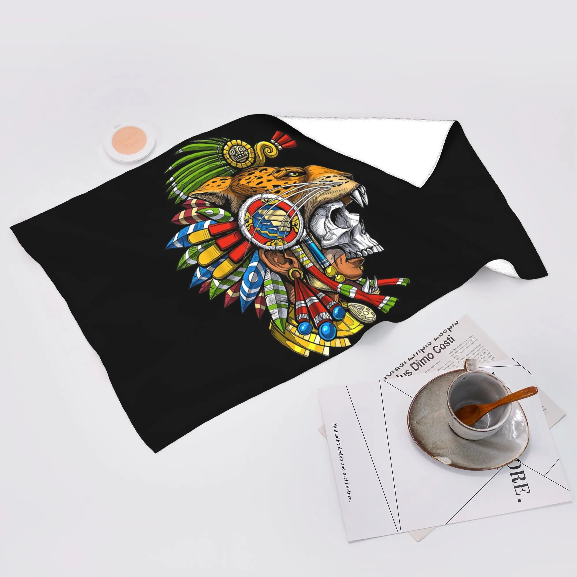 Custom Aztec Skull Jaguar Warrior Mask Mayan Mythology Aztec Mask Soft Face Towel Quick Dry Pool Bath Cotton Towels Absorbent