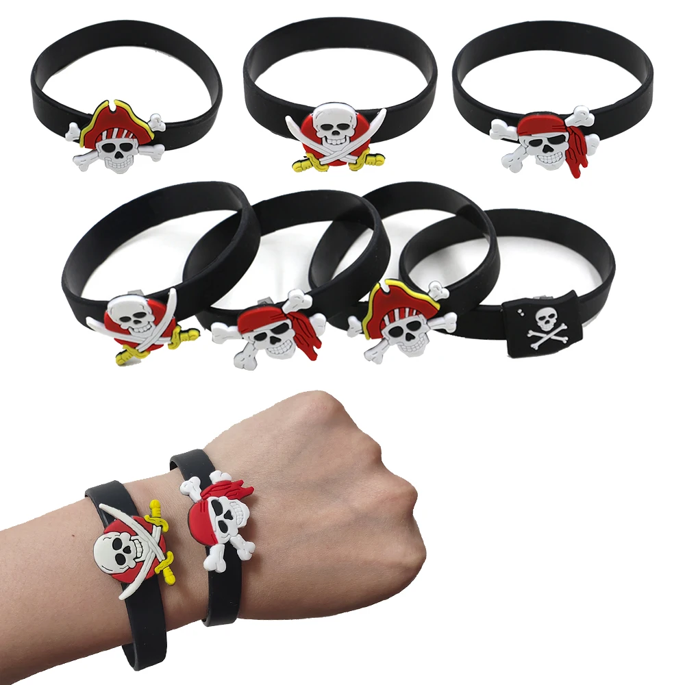 6Pcs Pirate party favors Pirate bracelets rubber wristband Pirate skull bracelets Kids Pirate birthday party decoration gift toy