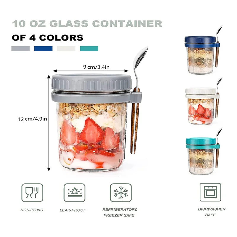 AY03-4 عبوات من عبوات الشوفان بين عشية وضحاها، برطمانات الشوفان الزجاجية مع أغطية وملاعق، 12 أونصة