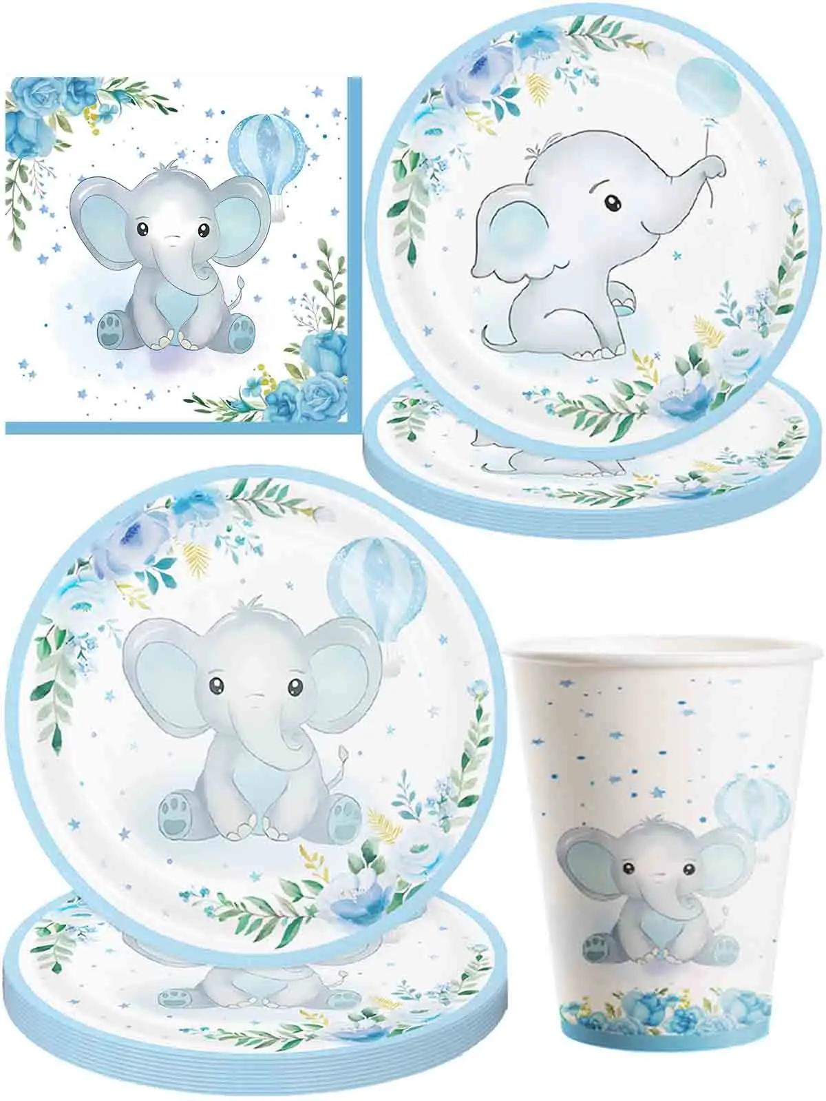 10pcs blue elephant themed party elephant plates, cups, tissues, birthday party supplies