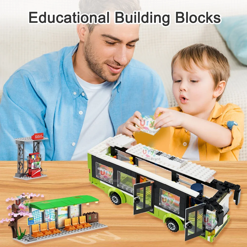 City Traffic Car Green Blue Passenger Bus Station Single-Deck Public Set Figures Model Building Blocks DIY Toys for Boys Gifts