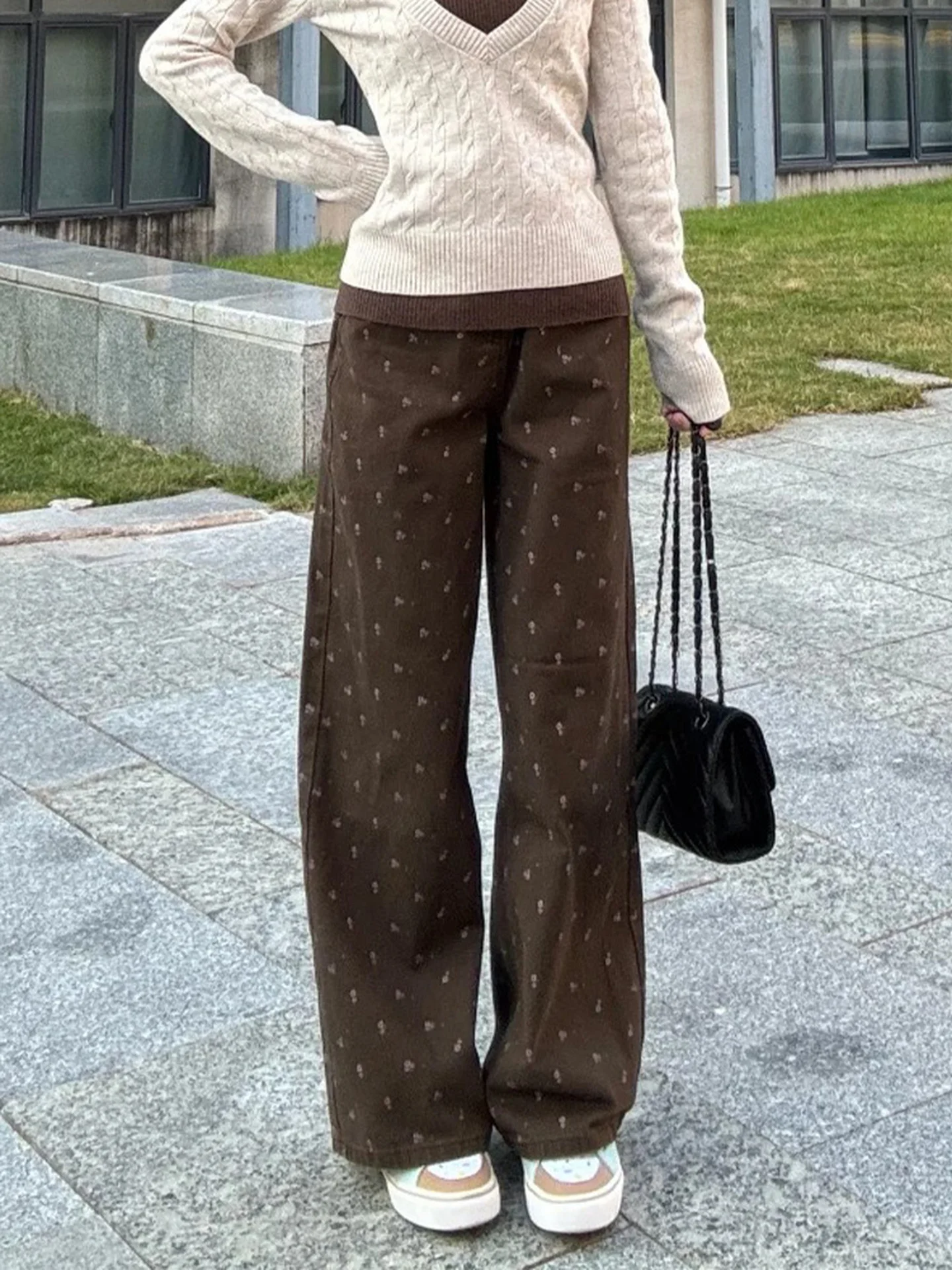 미국 스타일 하이웨이스트 와이드 레그 데님 진 여성용 가을 겨울 신상 슬림 플로럴 디자인 브라운 팬츠